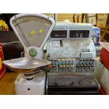 Vintage NCR cash register and a set of Avery scales