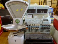 Vintage NCR cash register and a set of Avery scales