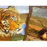 Photograph of a stag on panel and a painting of a tiger