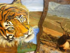 Photograph of a stag on panel and a painting of a tiger