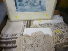 Box of vintage table linen and a KEITH ANDREW framed print