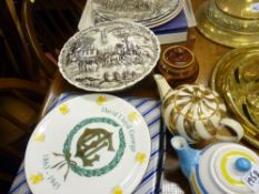 Three collectable teapots, quantity of decorative wall plates etc