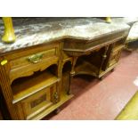 Marble topped (A/F) light wood breakfront sideboard base with carved lower panelled doors