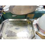 Good twin handled electroplate tray, wooden tray, mixed parcel of items