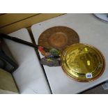 Long handled warming pan, copper tray and a cockerel doorstop