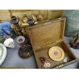 Treen shelf rack, barley twist candlesticks etc