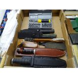 Collection of various hunting knives and a cased screwdriver and socket set