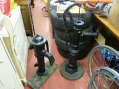 Pair of black painted ornamental fire hydrants on stone bases