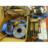 Box containing ratchet straps, hose clips, large G-clamp and a four piece locking clamp set by