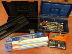 Pair of plastic toolboxes, one with contents, a Draper socket set and a quantity of electric under