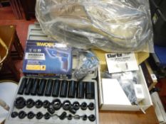 Parcel of air powered equipment comprising Clarke Air 32 pce impact socket set, air shears and