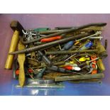 Tub containing miscellaneous garage tools, screwdrivers, hammers, wrenches etc