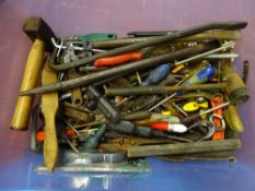 Tub containing miscellaneous garage tools, screwdrivers, hammers, wrenches etc