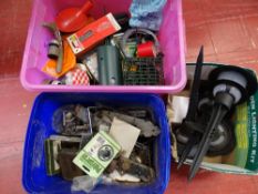Two tubs and a box of miscellaneous garage items, fixings etc