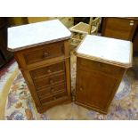 TWO FRENCH WALNUT VINTAGE POT CUPBOARDS with white marble inset tops, 82.5 cms high the tallest