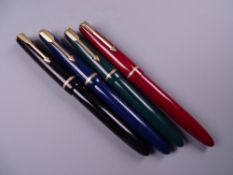 Three Vintage Parker Slimfold fountain pens and one Lady Duofold fountain pen (black, blue, green,