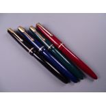 Three Vintage Parker Slimfold fountain pens and one Lady Duofold fountain pen (black, blue, green,