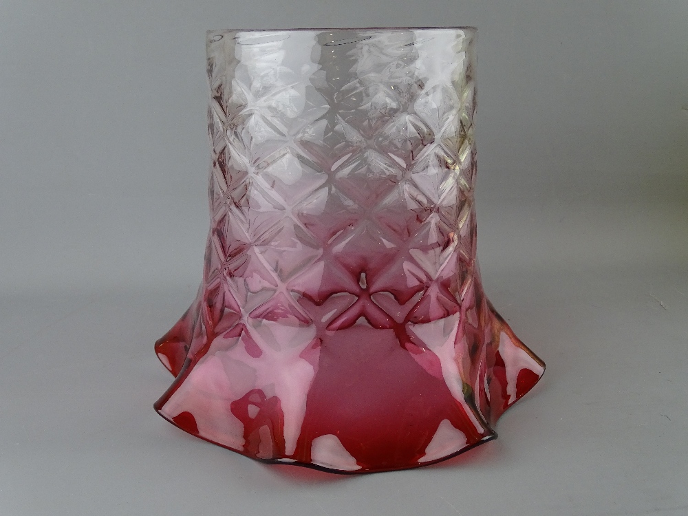 TWO LARGE GLASS OIL LAMPSHADES in vaseline with hatched design, the other diamond patterned with - Image 2 of 5