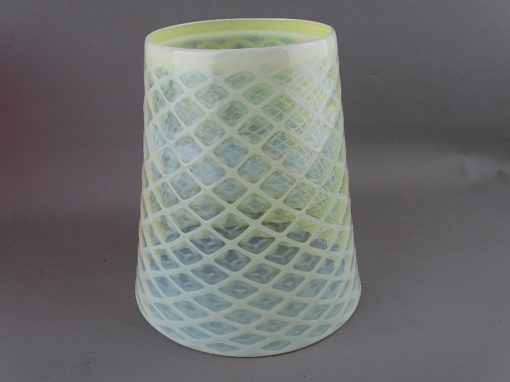 TWO LARGE GLASS OIL LAMPSHADES in vaseline with hatched design, the other diamond patterned with - Image 4 of 5