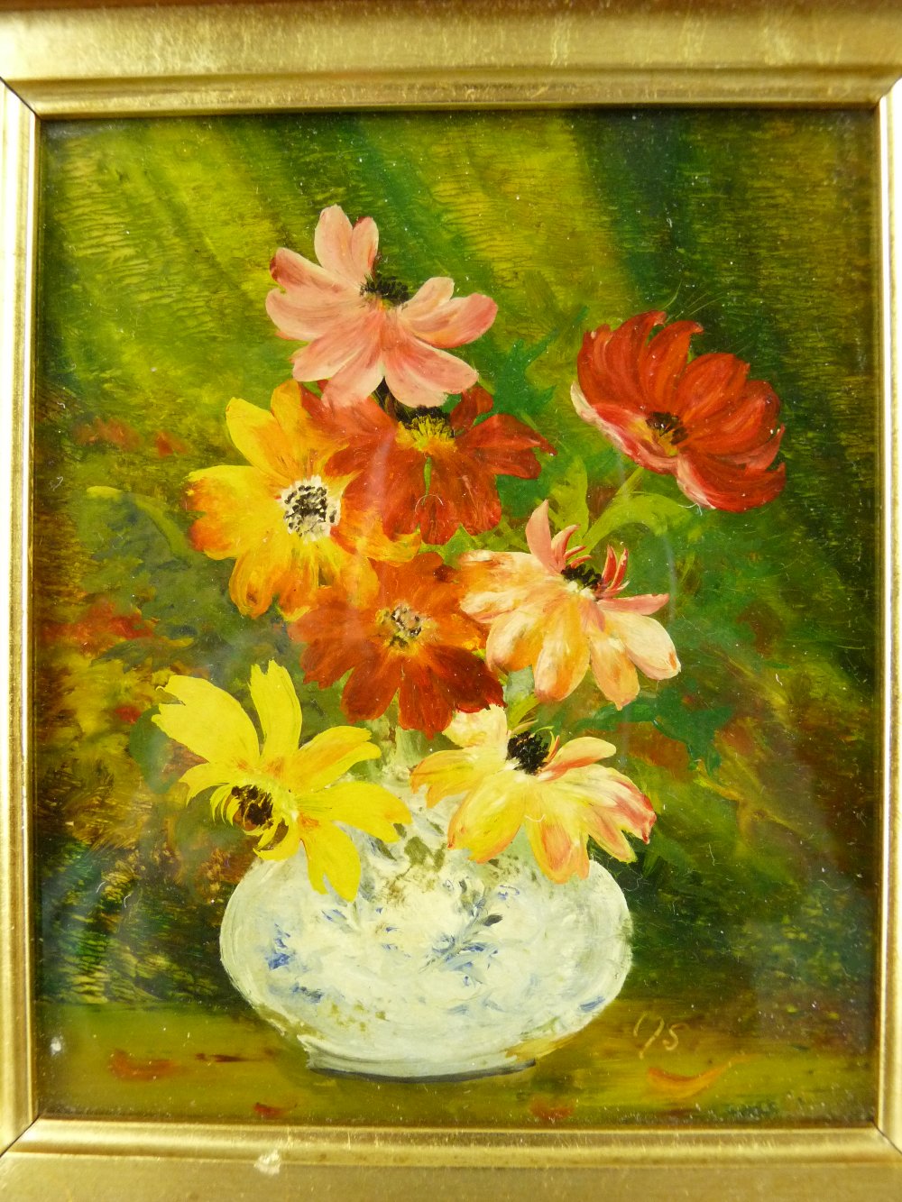 MARGARET STOW oil painting on glass - flowers in a bowl, initialled, 12 x 10 cms - Image 2 of 4