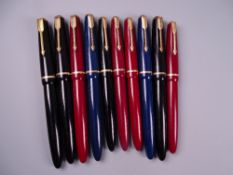 Three Vintage Parker Junior fountain pens (black, blue, red), three Parker Victory fountain pens and