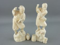 TWO JAPANESE MEIJI PERIOD (1868-1912) CARVED IVORY FISHERMEN, 18.5 cms high (damages and losses)
