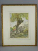 SIR GEORGE CLAUSEN pastel - treescape with red roofed farm building, signed and with original ledger