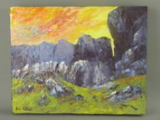 ANN FELLOWS box frame oil on canvas - titled 'Mountain Sunset', 28 x 35.5 cms SIGNED