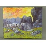 ANN FELLOWS box frame oil on canvas - titled 'Mountain Sunset', 28 x 35.5 cms SIGNED