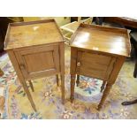 TWO VINTAGE MAHOGANY BEDSIDE STANDS, both single door with three quarter rail, 83 cms high the