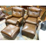 A PAIR OF VINTAGE PEGASUS LEATHER ARMCHAIRS, 84 cms high, 79 cms wide, 85 cms deep overall