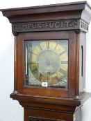 A BRASS 10 ins SQUARE DIAL CARVED OAK LONGCASE CLOCK by Brown, Liverpool, 195 cms high