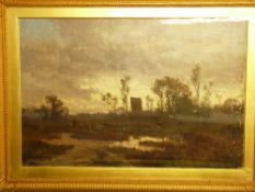 19th CENTURY ENGLISH SCHOOL oil on canvas - end of the day landscape with old windmill and two