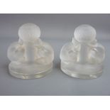 A PAIR OF LALIQUE DEUX FIGURINES FROSTED GLASS MENU/CARD HOLDERS, engraved 'R Lalique, France' to