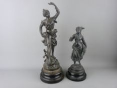 TWO VICTORIAN SPELTER FIGURINES, French on ebonized wooden bases, 45 cms high the tallest