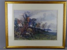 J W CLAYTON watercolour - Conwy Estuary with sheep to the foreground, signed, 36 x 50 cms