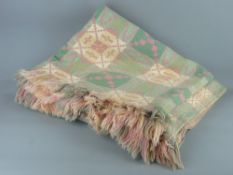 A VINTAGE WELSH WOOLLEN BLANKET, traditional pattern in green and pink tones, 215 x 200 cms