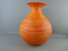 JILL PLEWS LARGE CONTEMPORARY ART POTTERY VASE in orange tones on a layered and textured body,