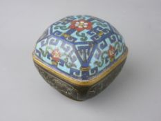 AN ORIENTAL BRONZE & CHAMPLEVE ENAMEL BOX & COVER, the base section having panels of birds and