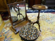 A REGENCY MAHOGANY DRESSING MIRROR, an embroidered footstool and a reproduction mahogany wine table,