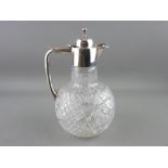 A FINE CUT GLASS GLOBULAR WINE OR WATER JUG with silver handle, collar and hinged lid, Birmingham