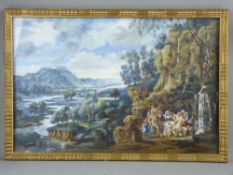 CONTINENTAL SCHOOL mixed media - expansive landscape and river scene with a table of male and female