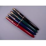 Four Vintage Parker Slimfold fountain pens (black, blue, green, red), all with 14k nibs