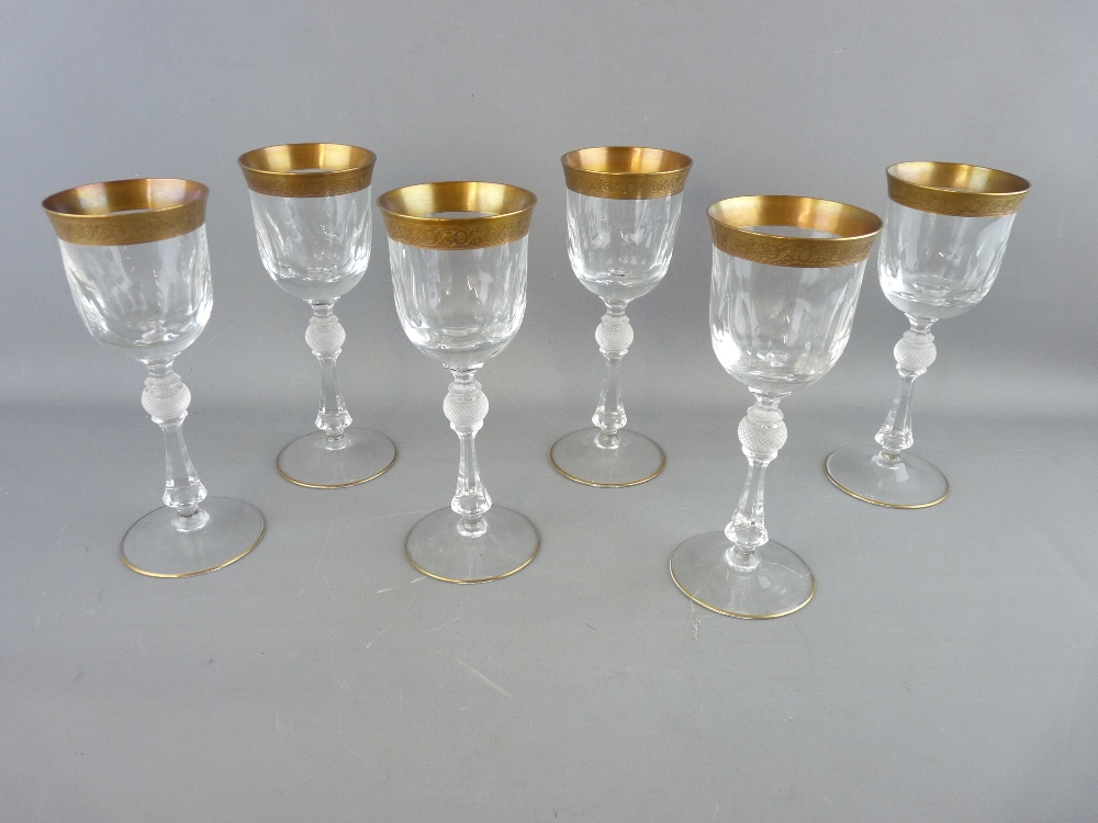 A SET OF SIX BOHEMIAN TWENTY TWO CARAT GOLD RIMMED DRINKING GLASSES, 19 cms high