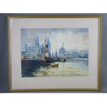BRIAN ENTWISTLE watercolour - Liverpool dockyard scene with Liver Buildings and numerous boats,