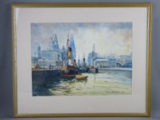 BRIAN ENTWISTLE watercolour - Liverpool dockyard scene with Liver Buildings and numerous boats,