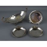 A SILVER TWIN HANDLED SHALLOW DISH and two circular ashtrays marked 925, with a small circular