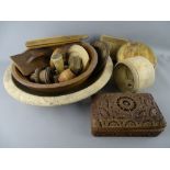 A COLLECTION OF DAIRY & OTHER TREEN ITEMS including bowls, butter stamps and pats etc