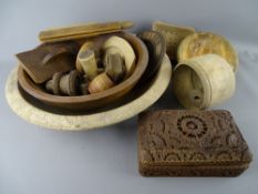 A COLLECTION OF DAIRY & OTHER TREEN ITEMS including bowls, butter stamps and pats etc