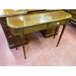 A REPRODUCTION CROSSBANDED MAHOGANY TWO DRAWER HALL TABLE with small railback, 76 cms high